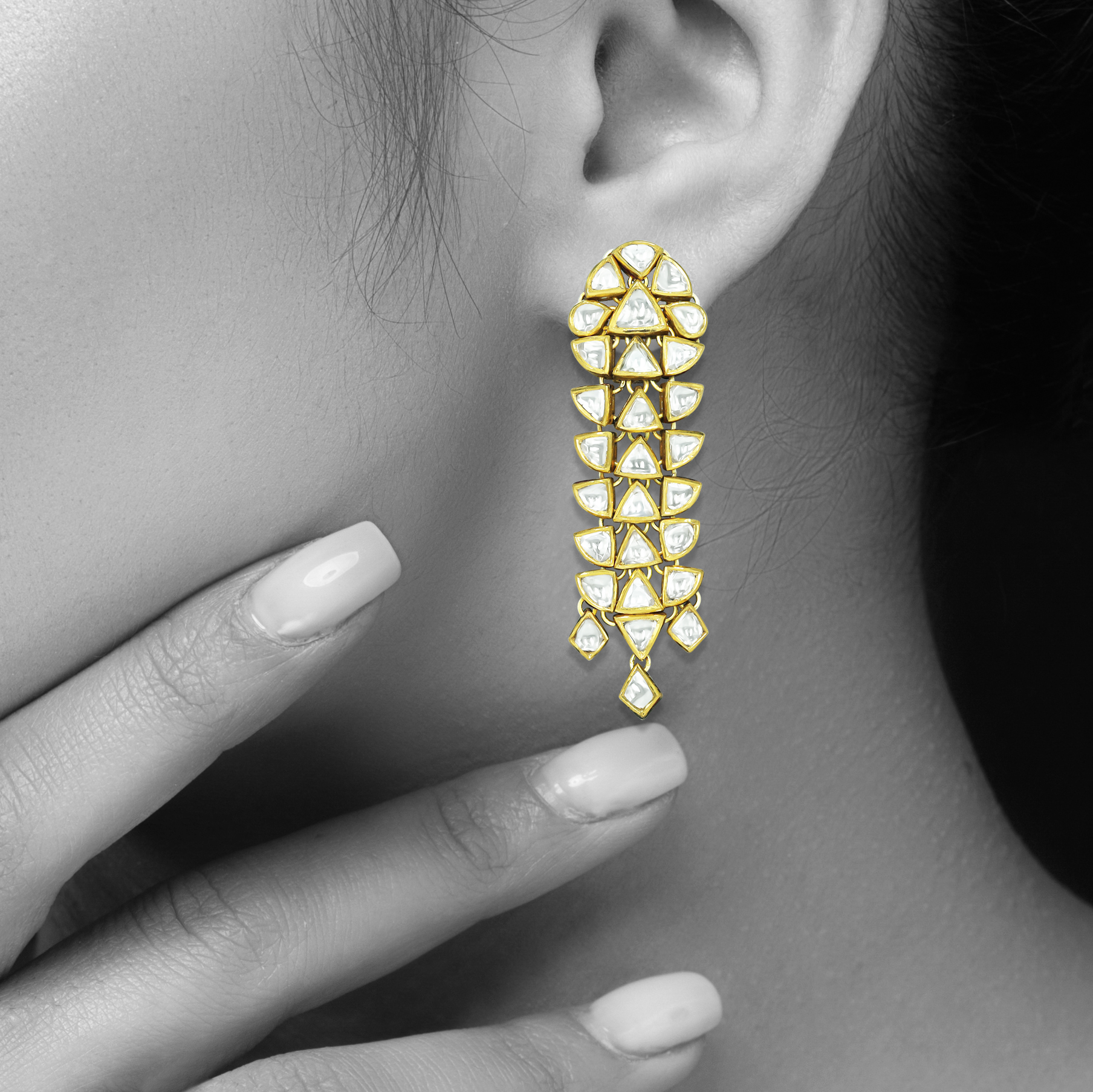 Tiered Polki Drop Earrings with Geometric Design